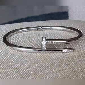 Stainless Steel Silvertone Nail Bangle Bracelet with Rhinestones - NWOT